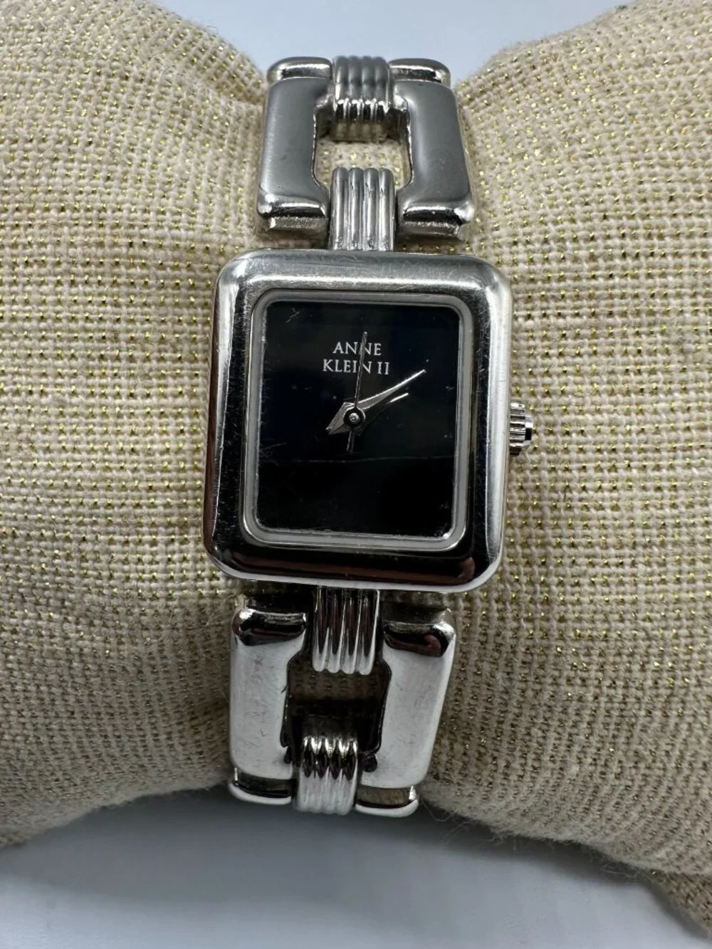 3/$30 Anne Klein Watch Women Silver Tone Black Square Dial New Battery 6